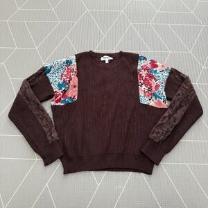 NEW &merci Shannon Lace & Floral Print Inset Sweater Size L Brown $58‎